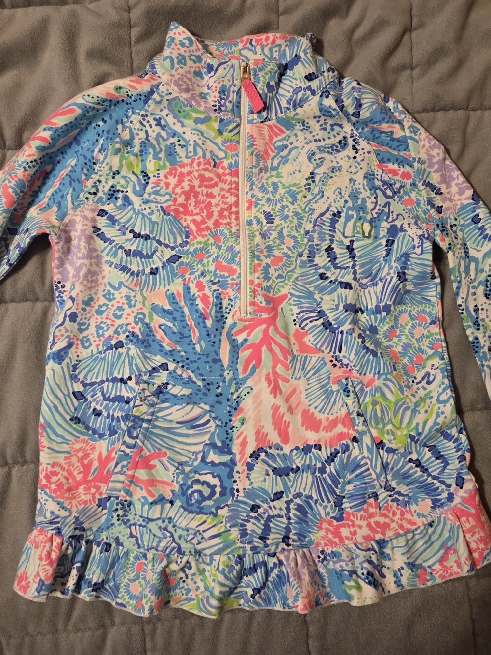 Lilly Pulitzer Girls' Long Sleeve 3/4 Zip Shirt in Coral, Blue & Green Print